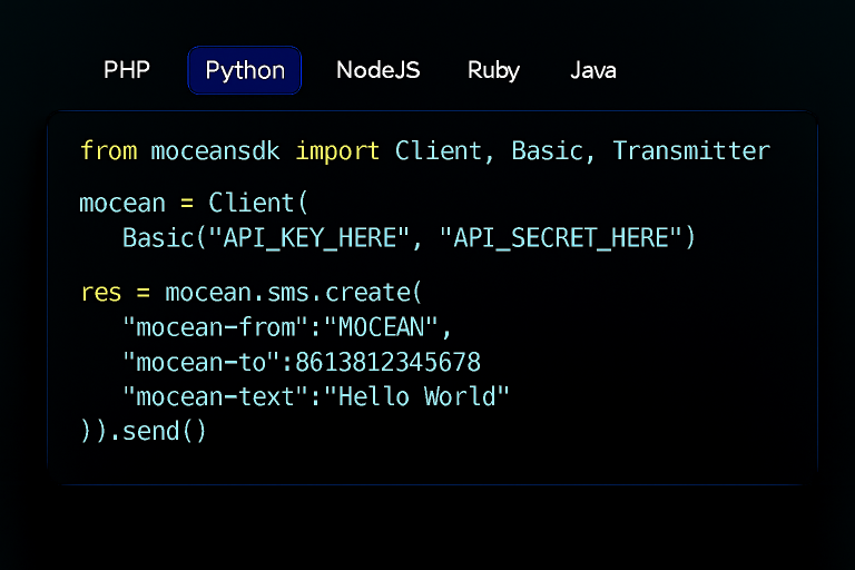 Python code example showing how to use Mocean’s SMS API to send instant messages in China