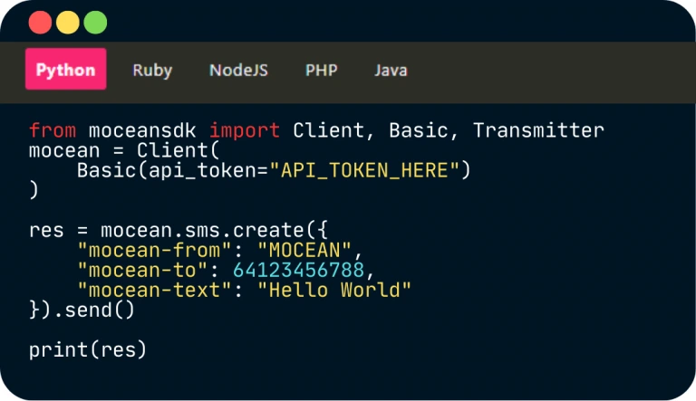Python code example showing how to use Mocean’s SMS API to send instant messages in China